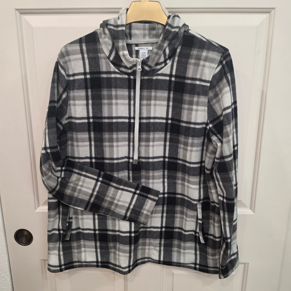 O'Neill Plaid Fleece Quarter Zip Hooded Pullover Men's Size XL Grey Black